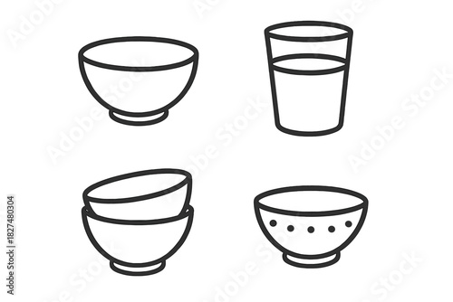 Kitchenware collection featuring serving bowls, dishware, and a drinking glass