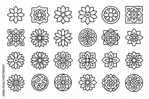 Various decorative floral icons, abstract blossoms, and geometric mandala symbols collection