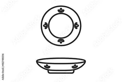 Minimalist black and white line drawing of a decorative dinner plate and a shallow serving bowl