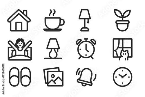 Collection of black and white outline symbols illustrating essential domestic life and daily morning routine activities