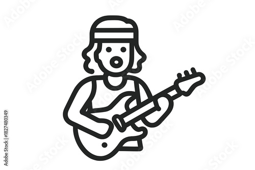 Minimalist black and white outline drawing of a musician playing an electric guitar during a live performance