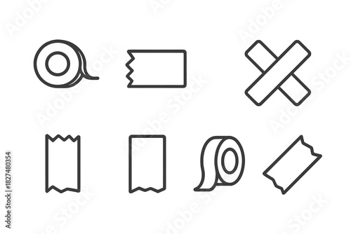 Outline icons set of adhesive tape, masking tape, sticky strips, and rolls