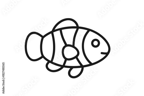 Minimalist black outline of a tropical clownfish swimming in the ocean environment