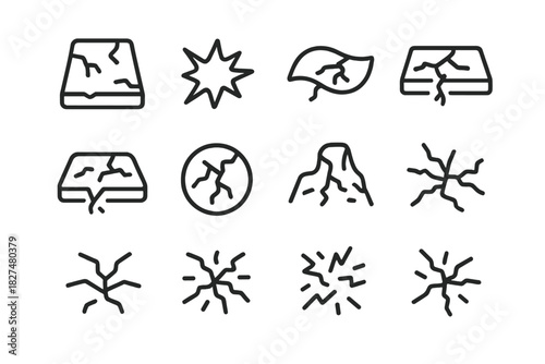 Collection of black line icons showing cracks, damage, fissures, and earthquake impact
