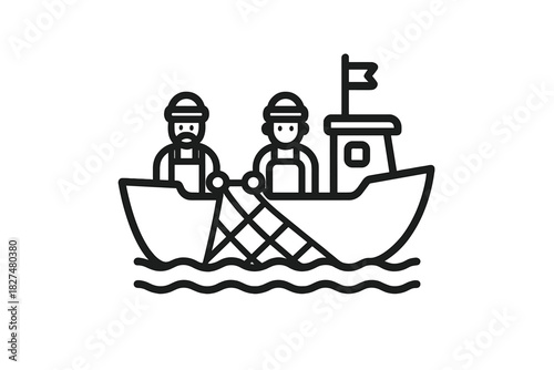 Two fishermen on a small fishing boat casting a large net into the ocean waves for commercial fishing