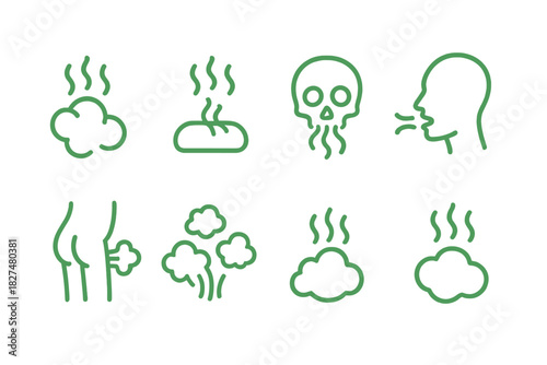 Outline icons set showing concepts of bad odor, smell, breath, gas, and steam emission