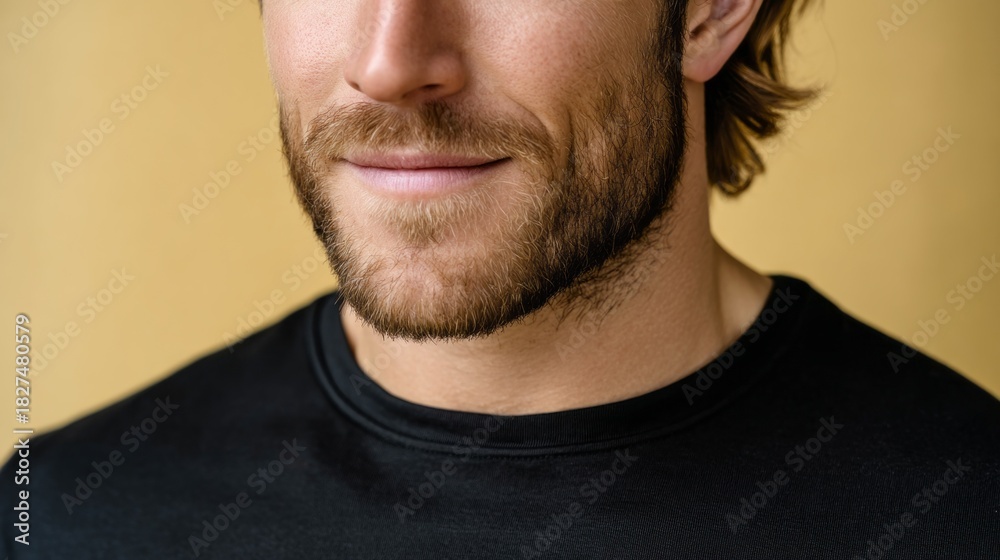 Obraz premium A man with a charming smile stands in front of a golden wall, radiating warmth and friendliness. His casual black shirt complements his easygoing demeanor, creating a relaxing atmosphere