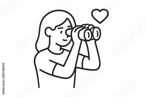 Person looking through binoculars with a floating heart symbolizing love or opportunity