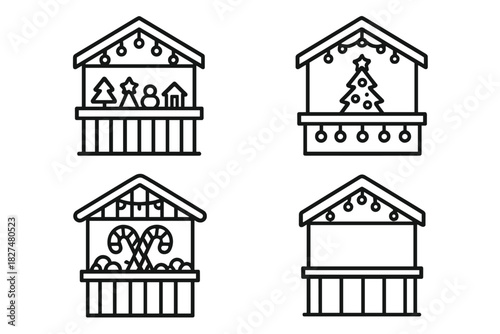 Outline collection of Christmas market stalls decorated with festive holiday elements