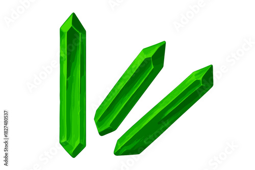 Three bright green faceted crystals or emerald gems isolated on a white background