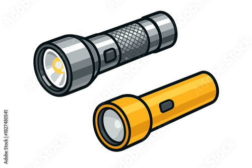 Essential handheld lighting tools including a silver and a yellow flashlight