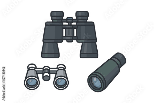 Set of optical viewing equipment including large binoculars, compact binoculars, and a monocular