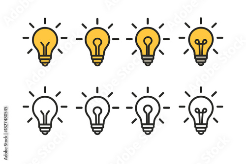 Glowing and outline light bulb icons representing ideas, innovation, and energy concepts