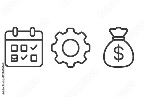 Outline icons set for business planning, process management, and financial goals or budget allocation