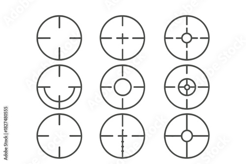 Collection of nine different crosshair symbols and target sights for aiming precision