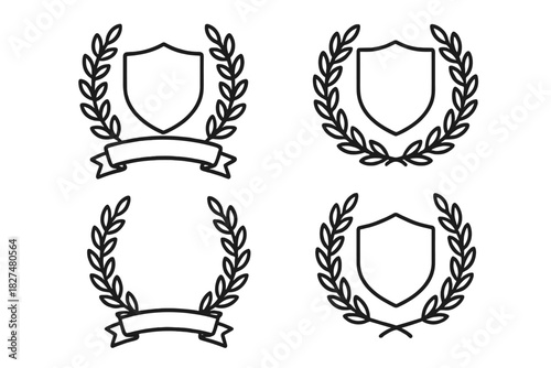 Four outline laurel wreath crests with blank shields and ribbons for achievement badges