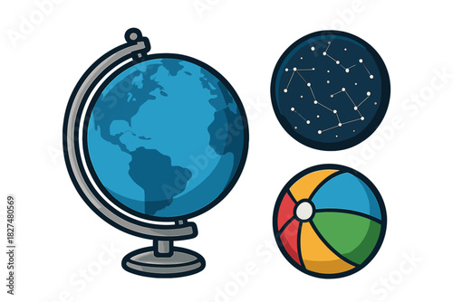 Set of icons featuring a desk globe, celestial constellation, and striped beach ball