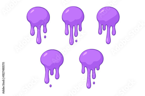 Five glossy purple dripping slime blobs isolated on a clean white background