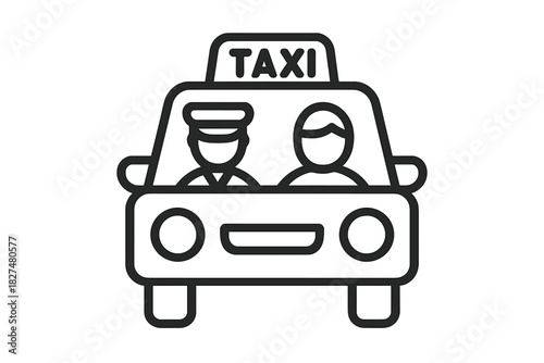 Black and white outline of a taxi cab transporting a passenger and driver on white background