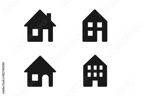 Set of minimalist black silhouette icons for residential and commercial buildings