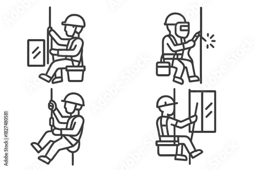 Professional industrial climbers performing facade maintenance and window washing tasks