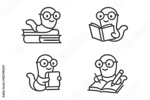 Cheerful bookworm character wearing spectacles engaged in reading, studying, and writing activities
