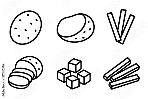 Stages of potato preparation: whole, sliced, diced, and french fry shapes
