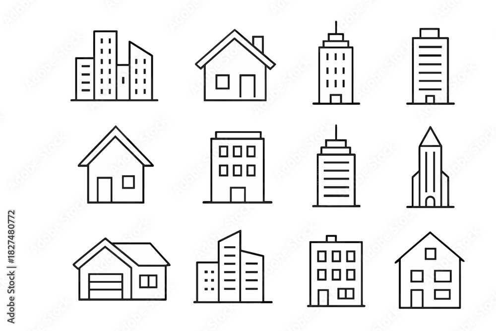 Fototapeta premium Minimalist architectural line art featuring residential homes, skyscrapers, and apartment buildings