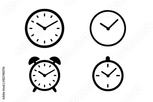 Four minimalist analog clock and alarm icons for time, schedule, and deadline concepts