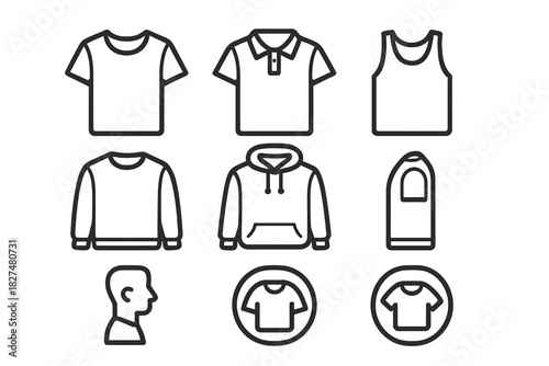 Collection of simple line art icons featuring casual apparel garments and clothing templates
