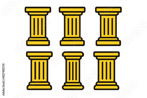 Set of six stylized yellow architectural columns icons
