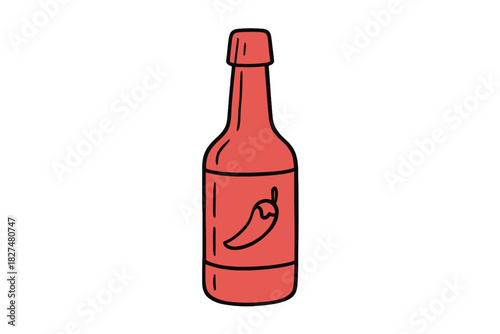 Hand drawn style red hot sauce bottle with chili pepper label on white background