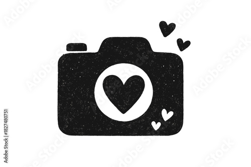 Stylized black and white camera icon featuring a heart shape replacing the lens and small floating hearts