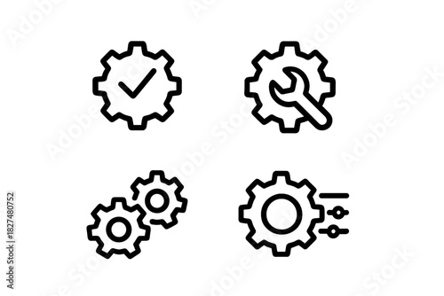 Four line icons showing gears, wrench, checkmark, and configuration symbols for settings and options