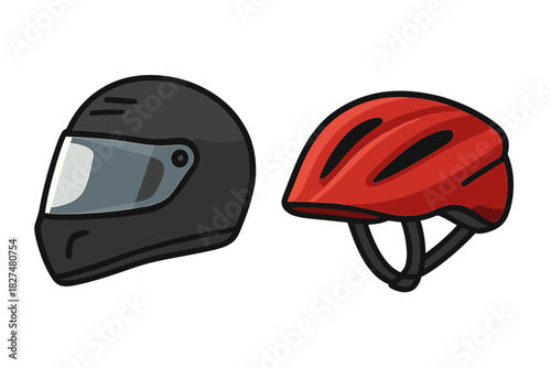 Black full-face racing helmet and red bicycle safety helmet protective sports gear