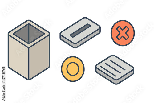 Abstract isometric geometric shapes collection including a hollow cube and interface elements