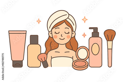 Smiling woman with towel and cosmetic products performing a daily beauty routine