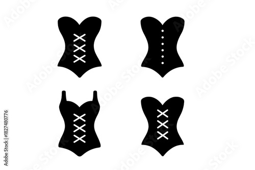 Set of four black corset and bustier lingerie icons and symbols for fashion design