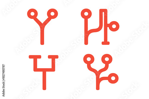Abstract red icons depicting technological connections and branching structures