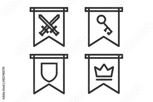 Medieval fantasy banners with crossed swords, key, shield, and royal crown symbols