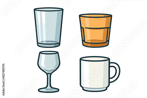 Set of common drinkware items including water glass, wine glass, coffee mug, and tumbler