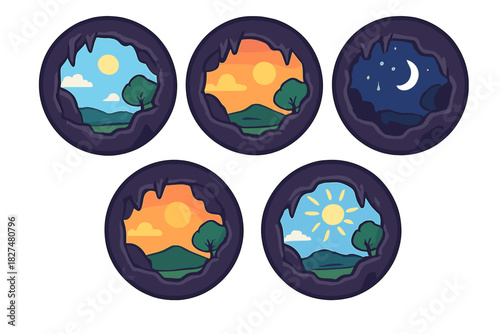 Cave entrance view showing day, sunset, and night cycles in a natural landscape setting