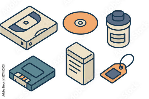 Set of isometric icons showing vintage media storage and obsolete retro data devices