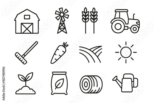 Outline icons set for farming, agriculture, and gardening elements