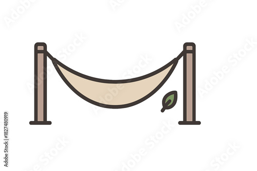 Empty fabric hammock suspended between two wooden posts with a small green leaf