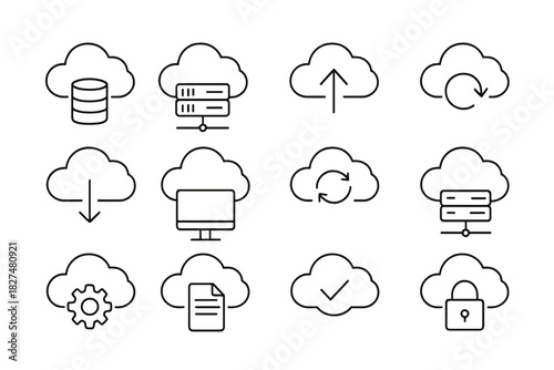 Minimalist outline symbols for cloud computing services, data storage, and network operations