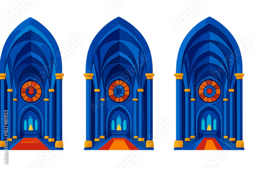 Abstract blue Gothic cathedral interior architecture featuring vaulted arches, columns, and a central rose window