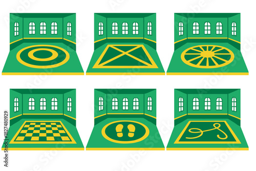 Collection of six isometric green rooms featuring yellow geometric floor patterns