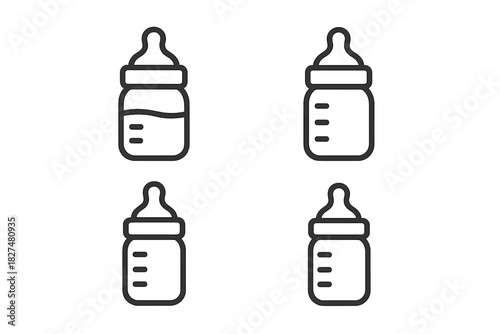Collection of four outline icons representing baby feeding bottles and infant nutrition symbols