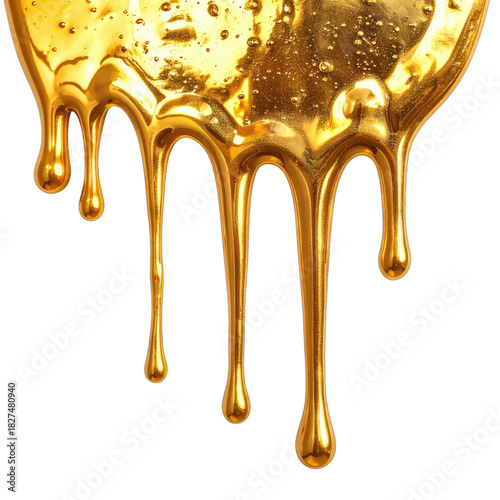 Viscous golden liquid dripping against a solid black background.